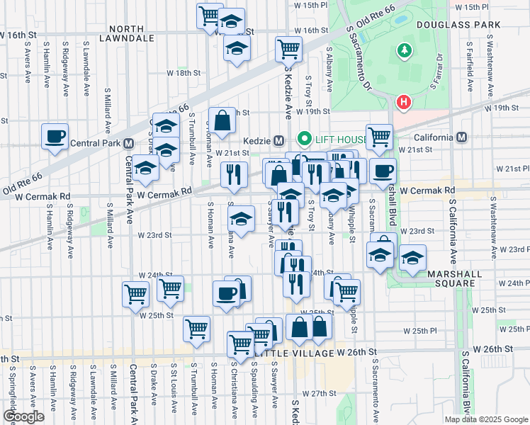 map of restaurants, bars, coffee shops, grocery stores, and more near in Chicago