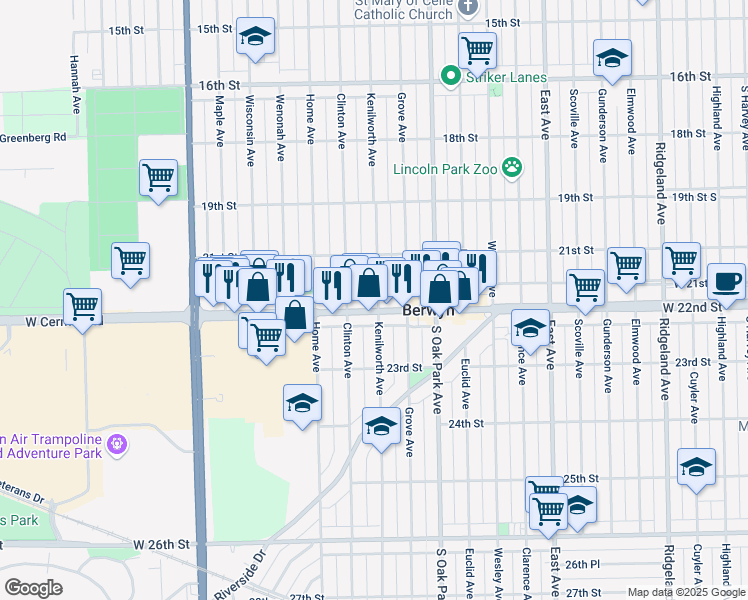 map of restaurants, bars, coffee shops, grocery stores, and more near 2124 Kenilworth Avenue in Berwyn