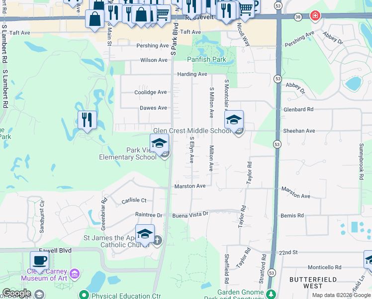 map of restaurants, bars, coffee shops, grocery stores, and more near 216 South Ellyn Avenue in Glen Ellyn