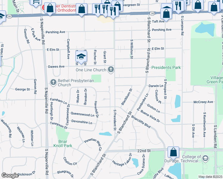 map of restaurants, bars, coffee shops, grocery stores, and more near 1001 Loughborough Court in Wheaton