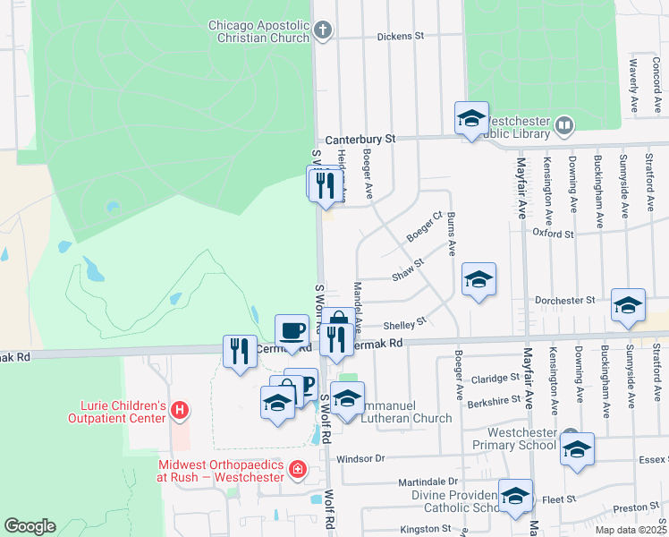 map of restaurants, bars, coffee shops, grocery stores, and more near 1903 South Wolf Road in Hillside