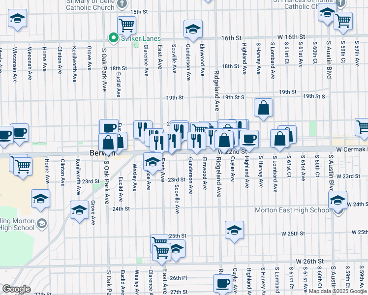 map of restaurants, bars, coffee shops, grocery stores, and more near 2125 Gunderson Avenue in Berwyn
