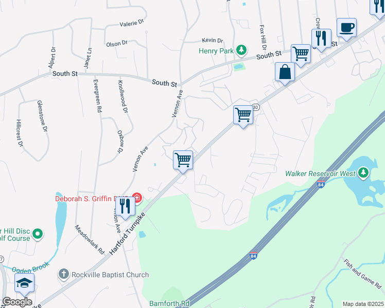 map of restaurants, bars, coffee shops, grocery stores, and more near 1125 Hartford Turnpike in Vernon