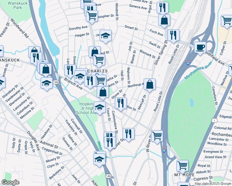 map of restaurants, bars, coffee shops, grocery stores, and more near 46 Mc Millen Street in Providence