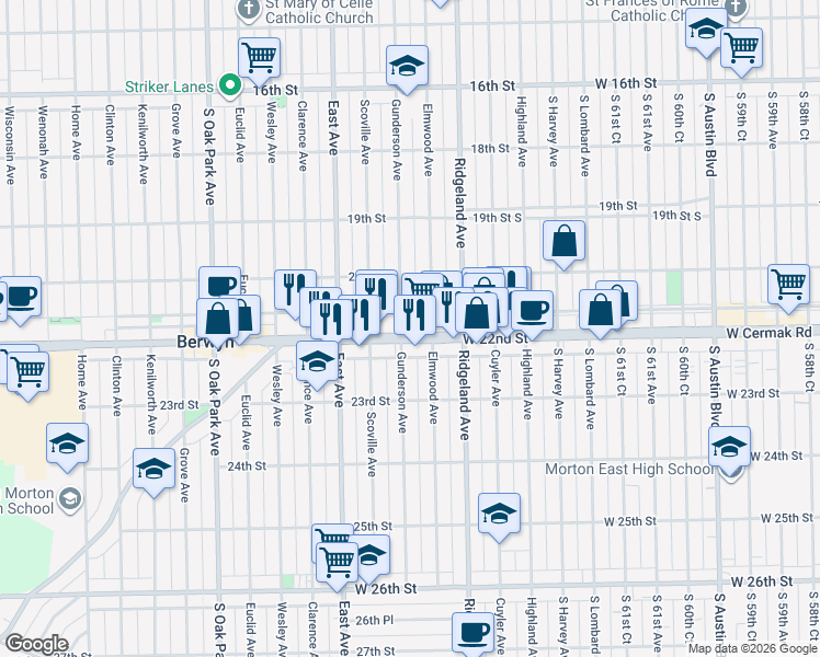 map of restaurants, bars, coffee shops, grocery stores, and more near 2126 Gunderson Avenue in Berwyn