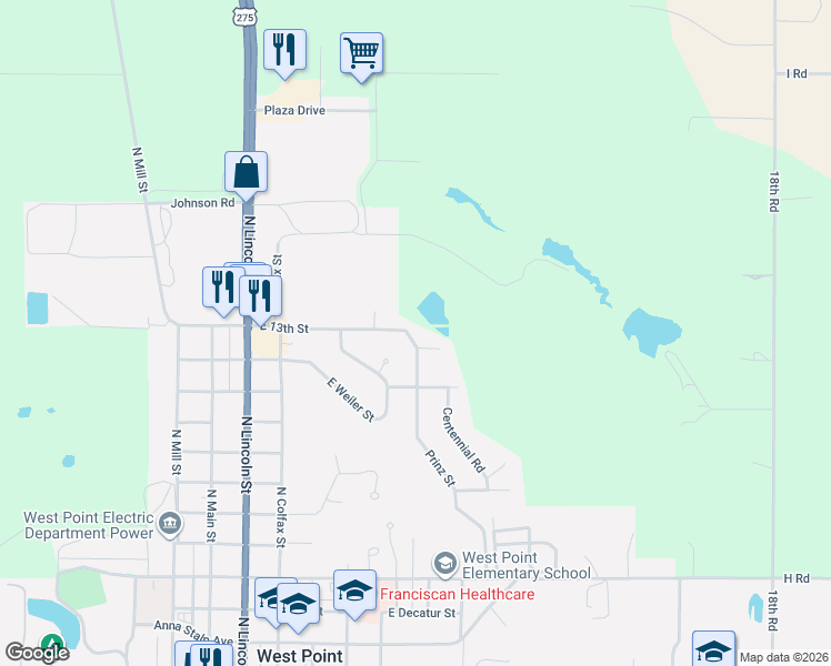 map of restaurants, bars, coffee shops, grocery stores, and more near 640 East 13th Street in West Point
