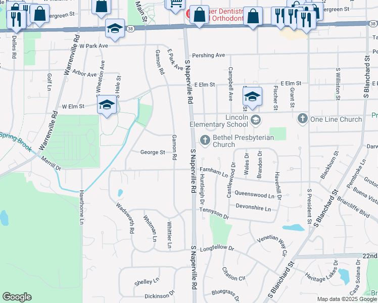 map of restaurants, bars, coffee shops, grocery stores, and more near 1348 South Naperville Road in Wheaton