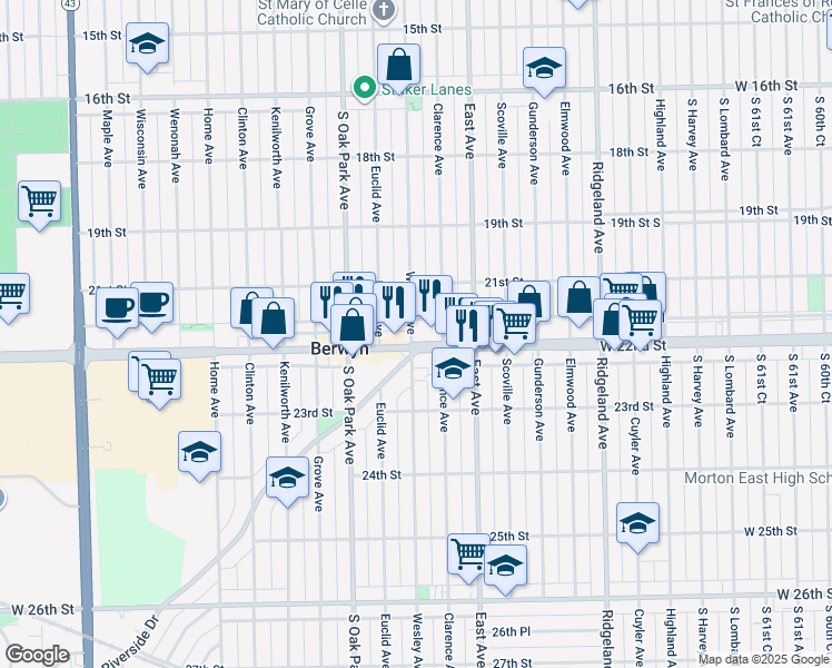 map of restaurants, bars, coffee shops, grocery stores, and more near 2125 Wesley Avenue in Berwyn