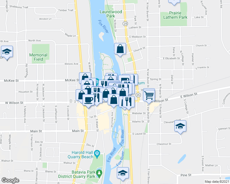map of restaurants, bars, coffee shops, grocery stores, and more near in Batavia