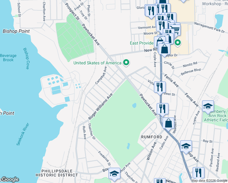 map of restaurants, bars, coffee shops, grocery stores, and more near 6 Puritan Avenue in East Providence
