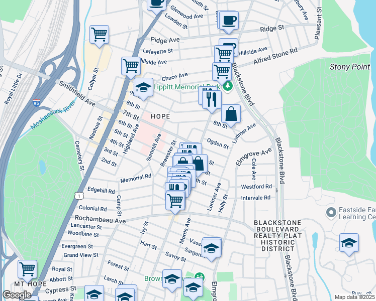 map of restaurants, bars, coffee shops, grocery stores, and more near 9 Overhill Road in Providence