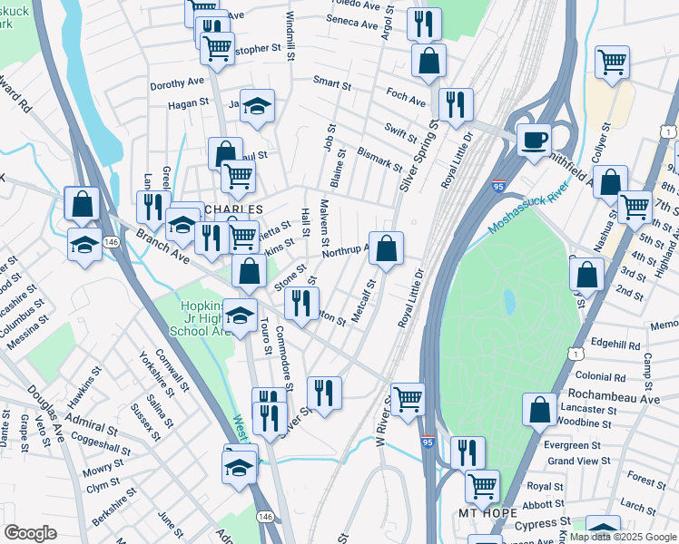 map of restaurants, bars, coffee shops, grocery stores, and more near 1 Vaughan Street in Providence