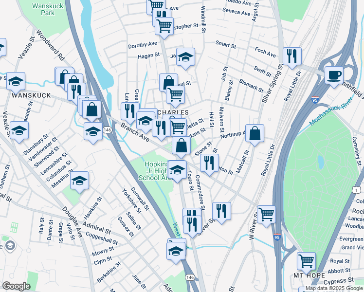 map of restaurants, bars, coffee shops, grocery stores, and more near 306 Hawkins Street in Providence