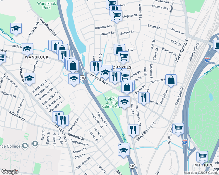map of restaurants, bars, coffee shops, grocery stores, and more near 521 Branch Avenue in Providence