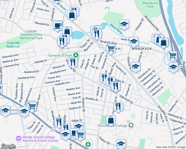 map of restaurants, bars, coffee shops, grocery stores, and more near 36 Waite Street in Providence