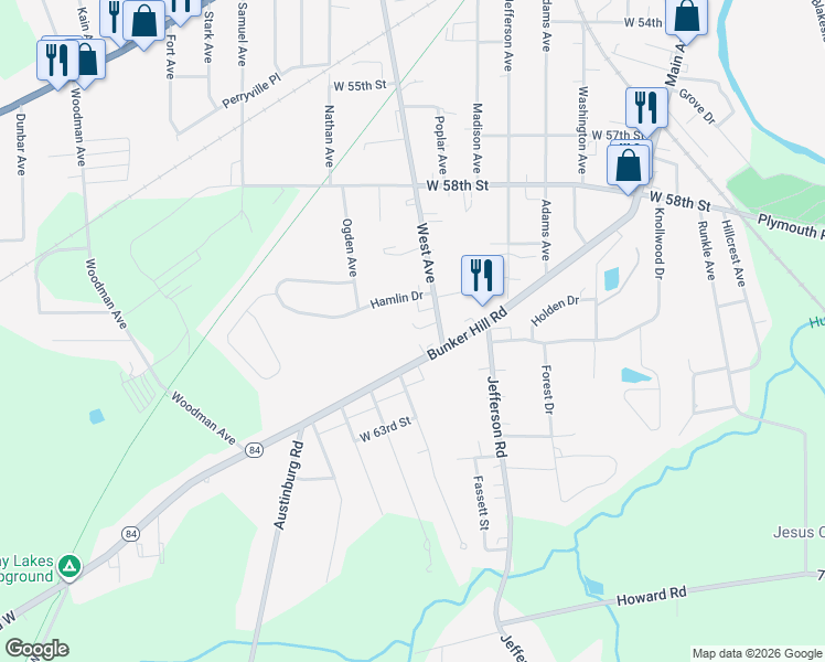 map of restaurants, bars, coffee shops, grocery stores, and more near 6017 West Avenue in Ashtabula