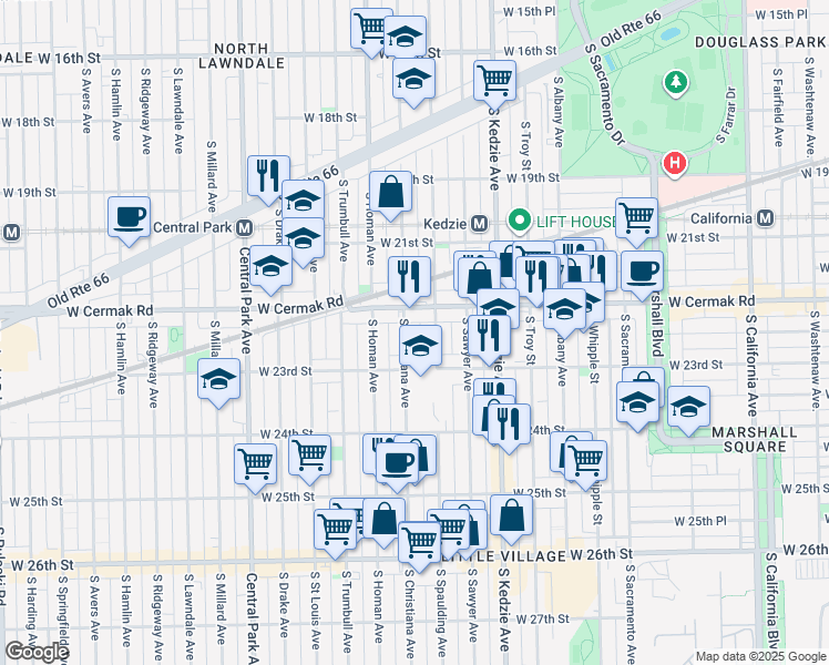 map of restaurants, bars, coffee shops, grocery stores, and more near 3305 West Cermak Road in Chicago