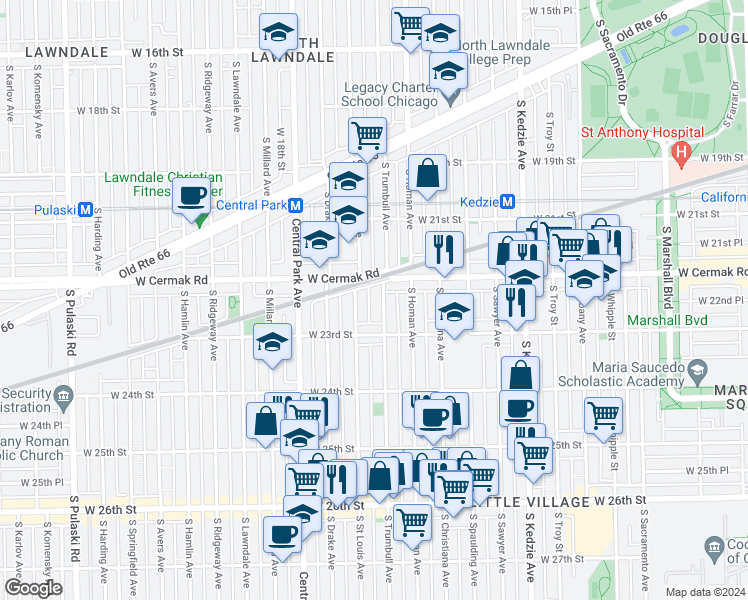 map of restaurants, bars, coffee shops, grocery stores, and more near 3417 West Cermak Road in Chicago