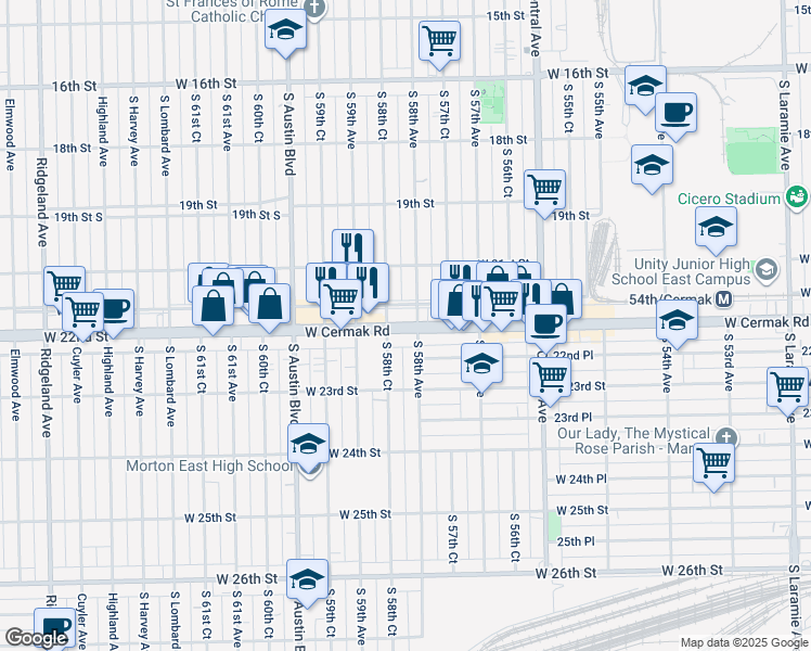 map of restaurants, bars, coffee shops, grocery stores, and more near 5810 Cermak Road in Cicero