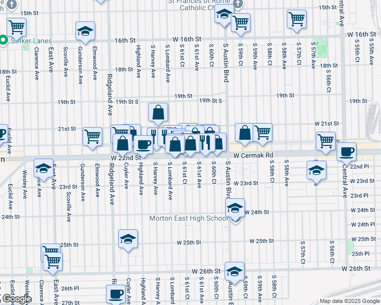 map of restaurants, bars, coffee shops, grocery stores, and more near 2135 South 61st Court in Cicero