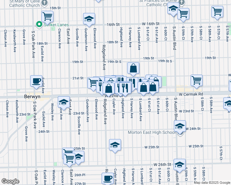 map of restaurants, bars, coffee shops, grocery stores, and more near 2130 Highland Avenue in Berwyn