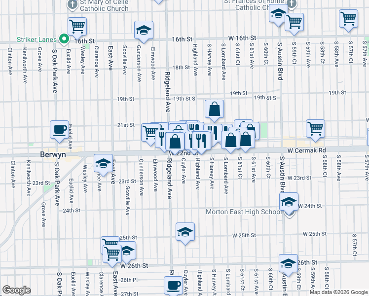 map of restaurants, bars, coffee shops, grocery stores, and more near 2130 Highland Avenue in Berwyn
