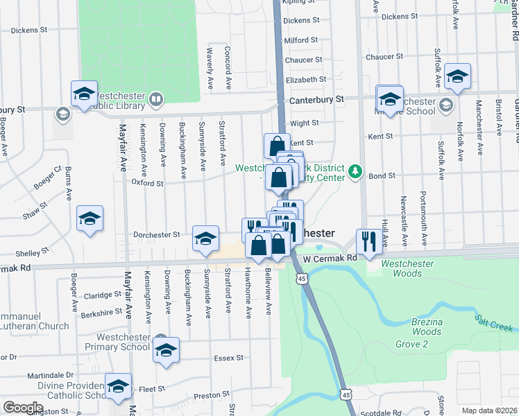 map of restaurants, bars, coffee shops, grocery stores, and more near 1908 Belleview Avenue in Westchester