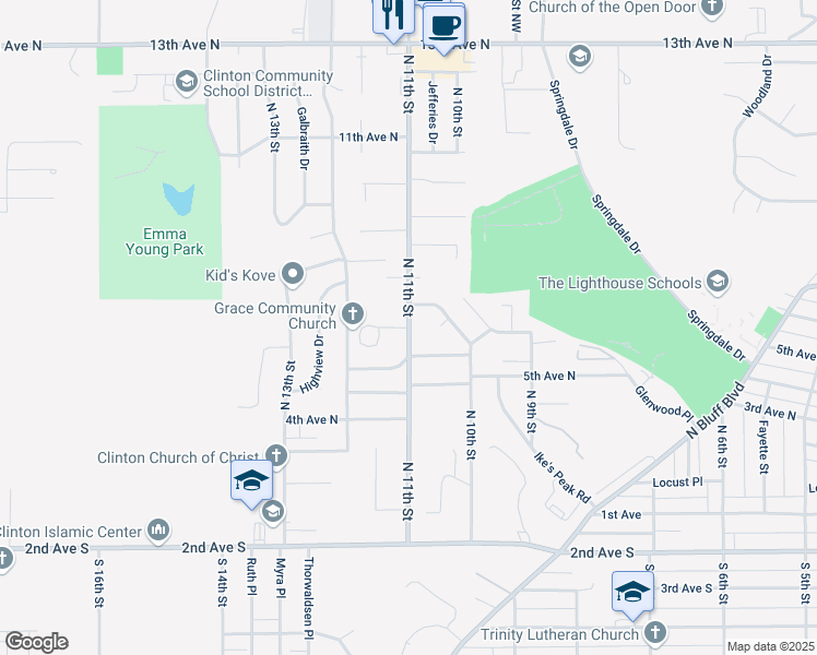 map of restaurants, bars, coffee shops, grocery stores, and more near 700 North 11th Street in Clinton
