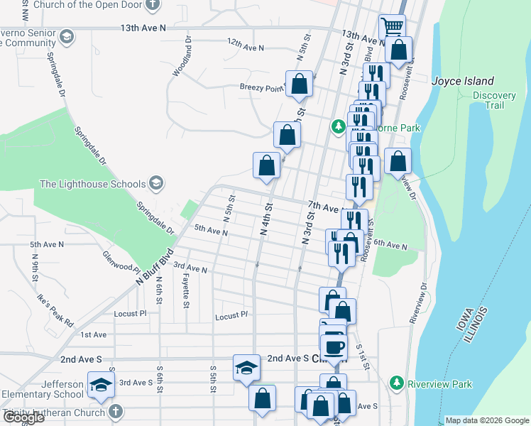map of restaurants, bars, coffee shops, grocery stores, and more near 699 North 4th Street in Clinton