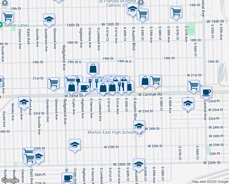 map of restaurants, bars, coffee shops, grocery stores, and more near 2135 South 61st Court in Cicero