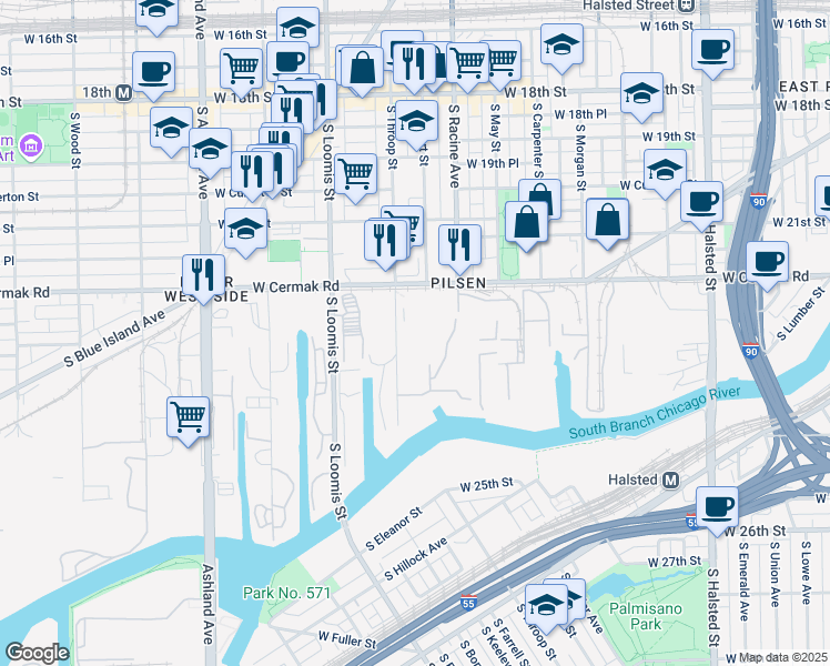 map of restaurants, bars, coffee shops, grocery stores, and more near 2209-2233 South Throop Street in Chicago
