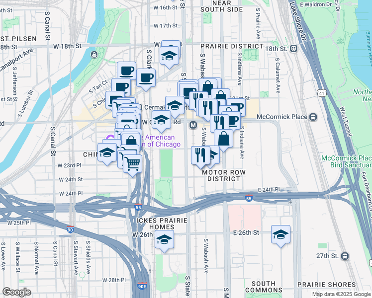 map of restaurants, bars, coffee shops, grocery stores, and more near 2300 South State Street in Chicago