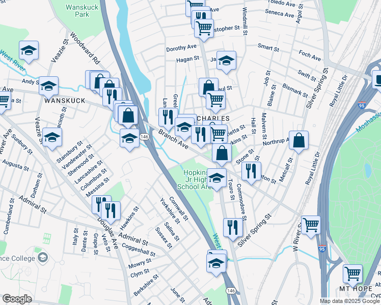 map of restaurants, bars, coffee shops, grocery stores, and more near 521 Branch Avenue in Providence
