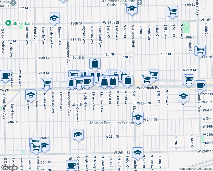 map of restaurants, bars, coffee shops, grocery stores, and more near 2131 South Lombard Avenue in Cicero