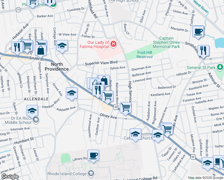 map of restaurants, bars, coffee shops, grocery stores, and more near 51 Wellesley Avenue in North Providence