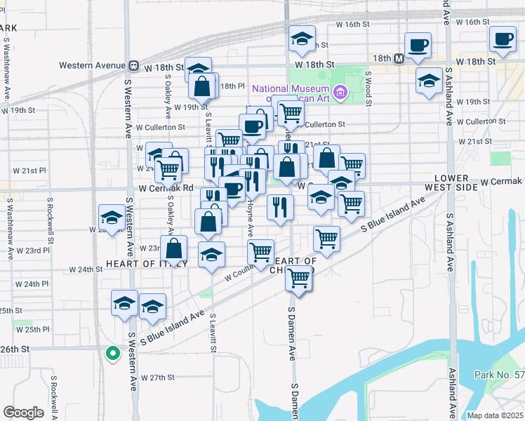 map of restaurants, bars, coffee shops, grocery stores, and more near 2043 West 22nd Place in Chicago