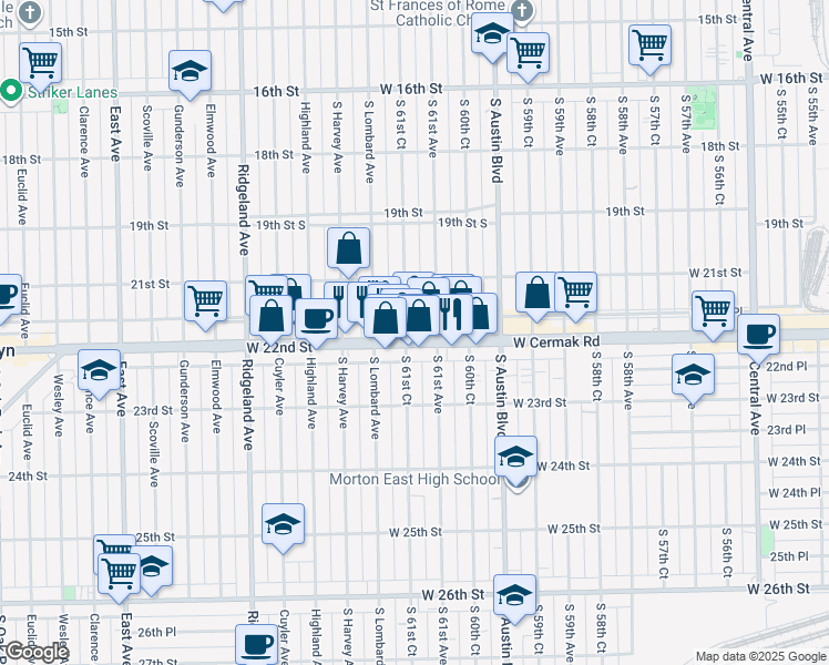 map of restaurants, bars, coffee shops, grocery stores, and more near 2135 South 61st Court in Cicero