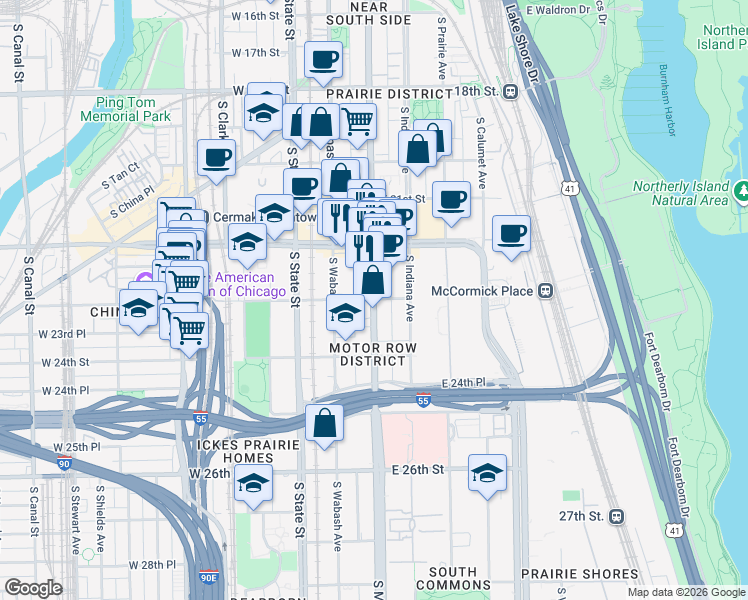 map of restaurants, bars, coffee shops, grocery stores, and more near S Michigan Ave & E 23rd St in Chicago