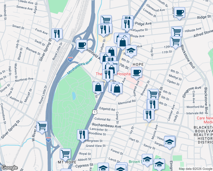 map of restaurants, bars, coffee shops, grocery stores, and more near 1140 North Main Street in Providence