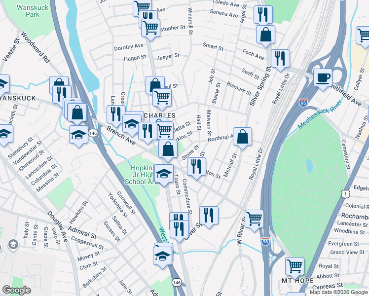 map of restaurants, bars, coffee shops, grocery stores, and more near 46 Mc Millen Street in Providence