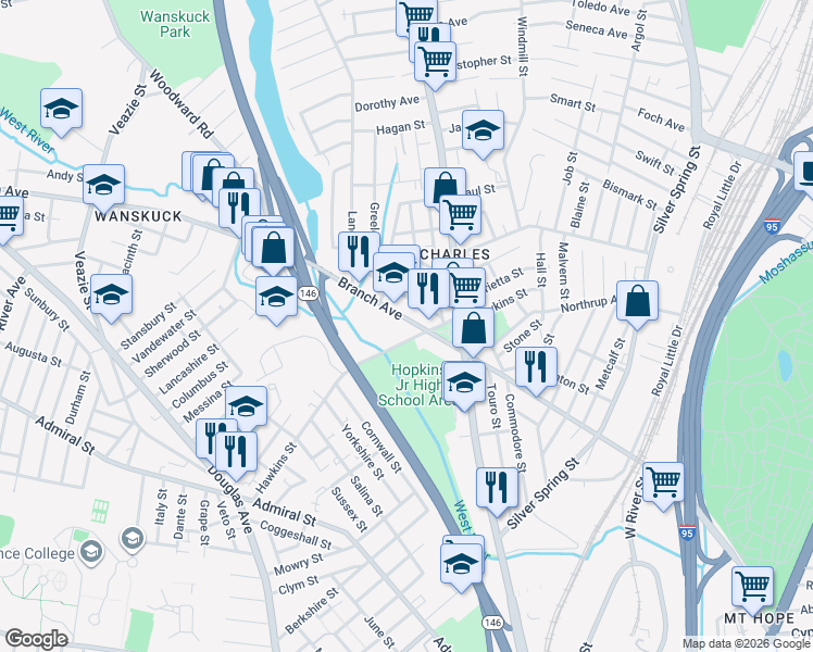 map of restaurants, bars, coffee shops, grocery stores, and more near 521 Branch Avenue in Providence