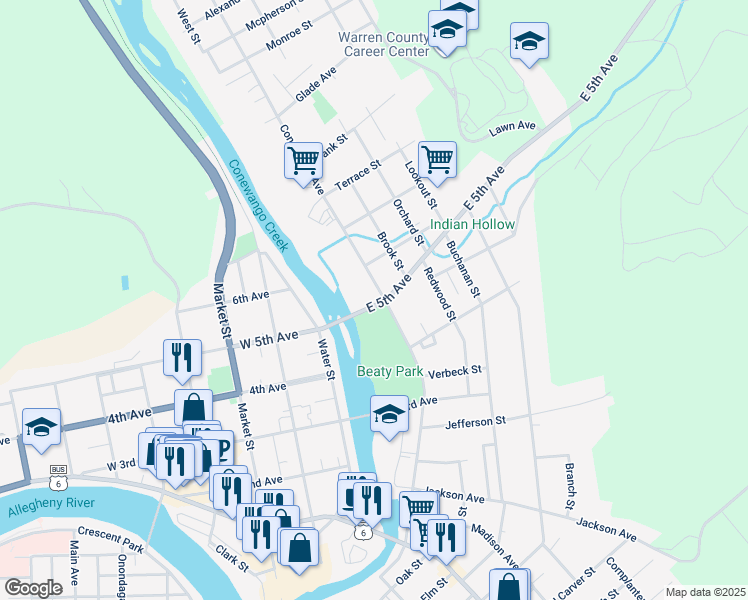 map of restaurants, bars, coffee shops, grocery stores, and more near 402 Conewango Avenue in Warren