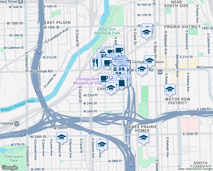 map of restaurants, bars, coffee shops, grocery stores, and more near 266 West Alexander Street in Chicago