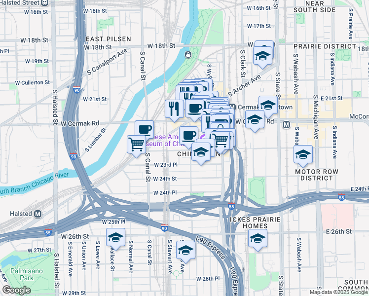 map of restaurants, bars, coffee shops, grocery stores, and more near 2237 South Archer Avenue in Chicago