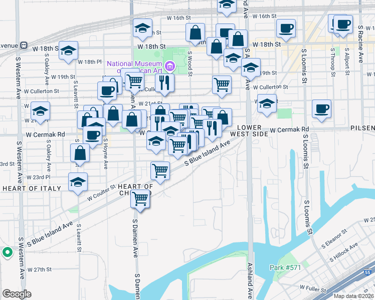 map of restaurants, bars, coffee shops, grocery stores, and more near 1825 West 22nd Place in Chicago