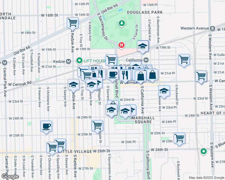 map of restaurants, bars, coffee shops, grocery stores, and more near 2210 South Marshall Boulevard in Chicago
