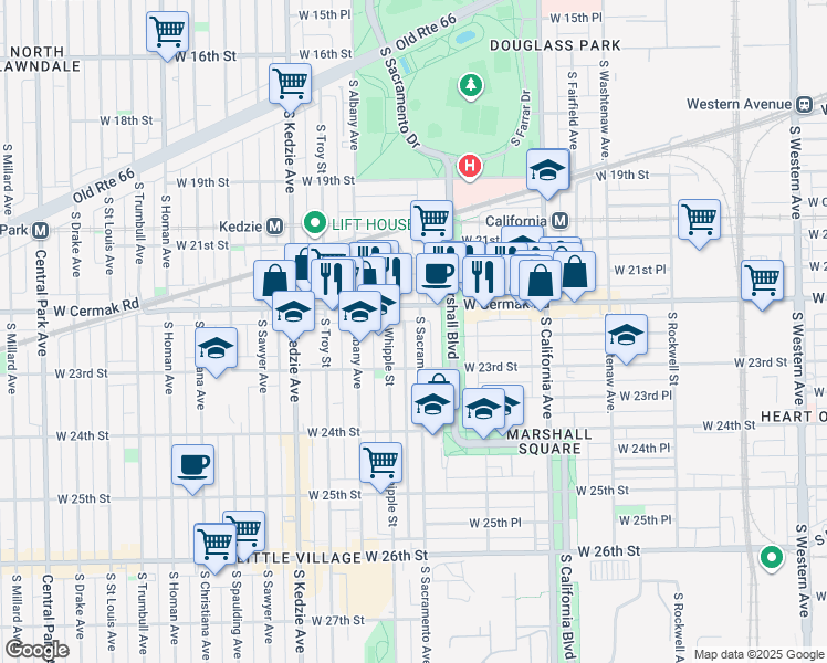 map of restaurants, bars, coffee shops, grocery stores, and more near 3001 West Cermak Road in Chicago