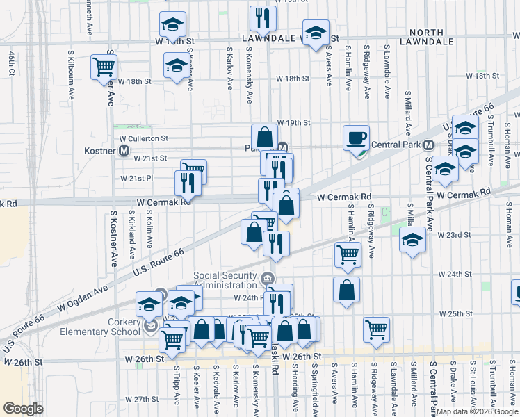 map of restaurants, bars, coffee shops, grocery stores, and more near 4029 West Cermak Road in Chicago