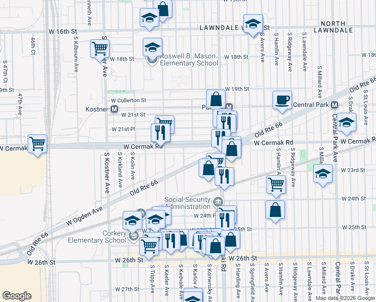 map of restaurants, bars, coffee shops, grocery stores, and more near 4103 West Cermak Road in Chicago