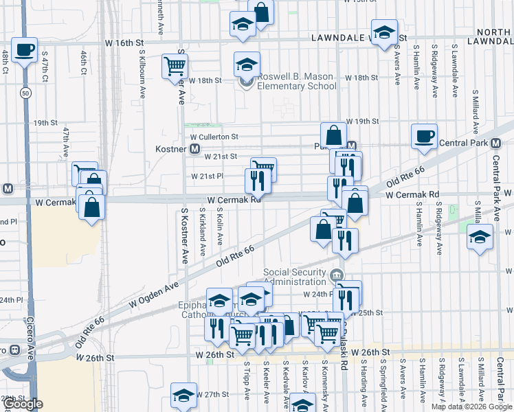 map of restaurants, bars, coffee shops, grocery stores, and more near 4226 West Cermak Road in Chicago
